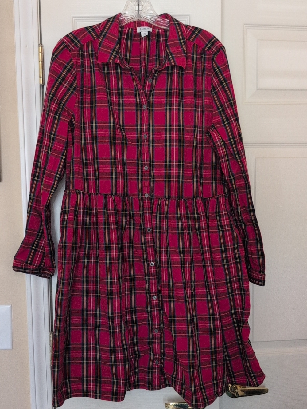 J. Crew Red Plaid Long-Sleeve Button-Front Dress